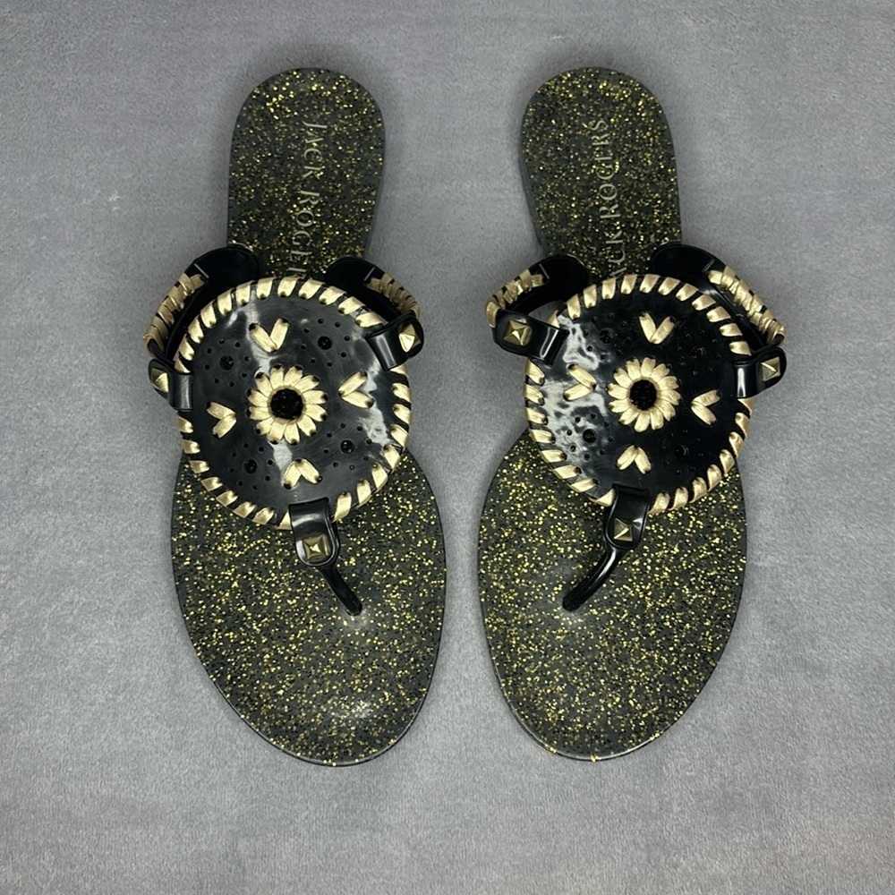 Jack Rogers Black And Gold Sandals With Elegant Design Size: 8